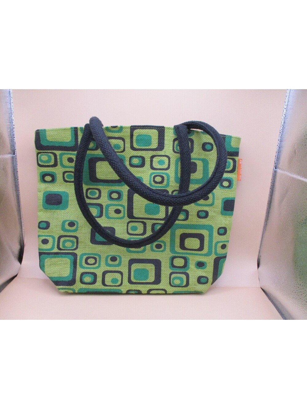 The Jute Shop Green Geometric Pattern Tote Bag Reusable Purse